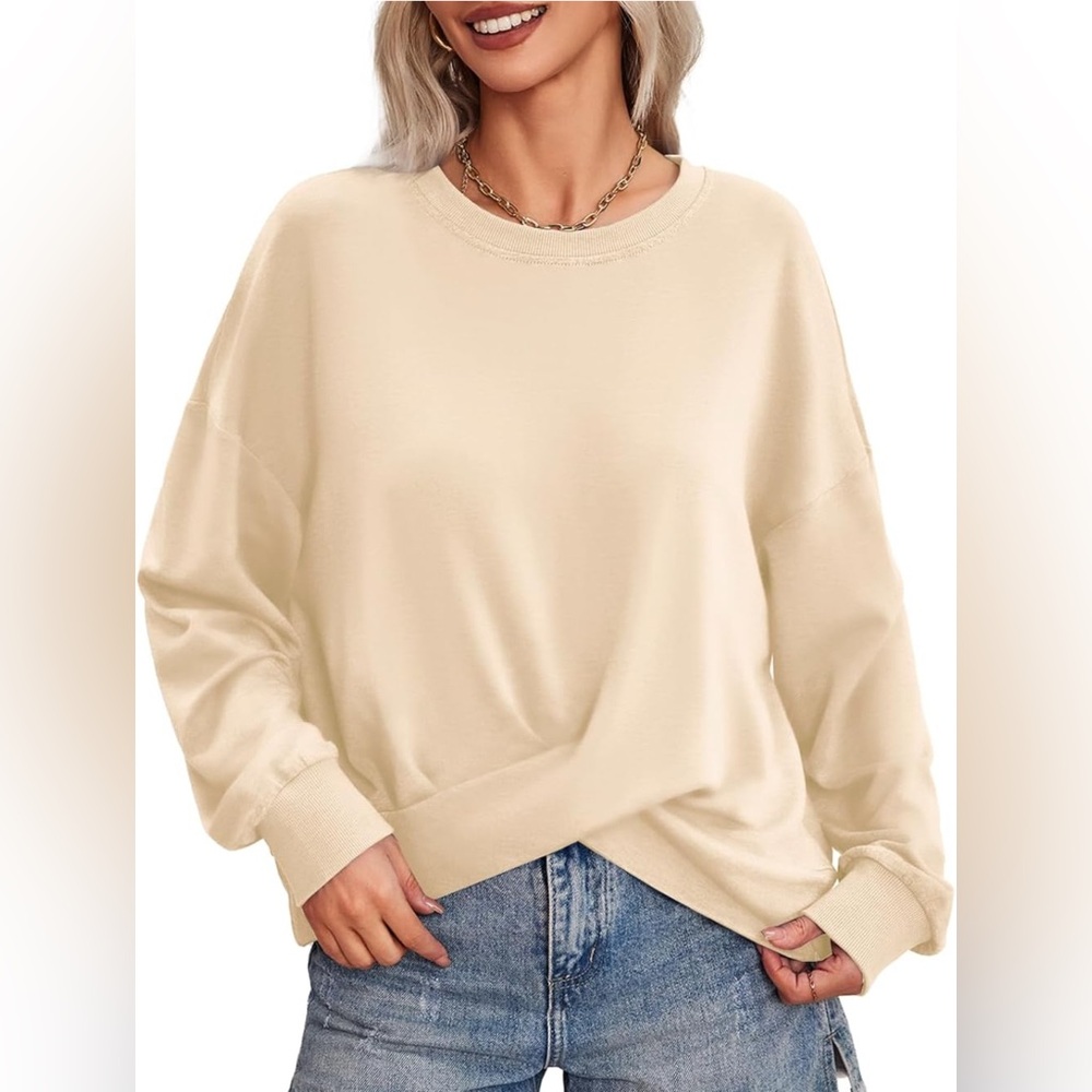 Fisoew Womens Crewneck Sweatshirt Casual Long Sleeve Loose Fit Pullover  Apricot
